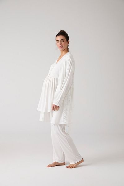 Lohussa Women's Ecru Special Design Lace Cotton Maternity Maternity Dressing Gown Pajama Set Set