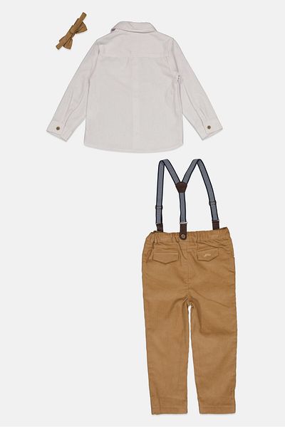 Little Gent Toddlers Boy 3 Pieces Brand Logo Top And Trouser With Brace And Bow Tie Set, White