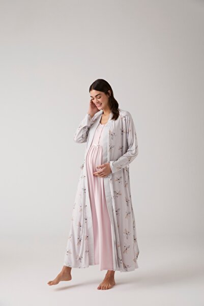 Lohussa Kadın Pudra Desenli Özel Tasarım Pamuklu Tam Boy Hamile Lohusa Sabahl...