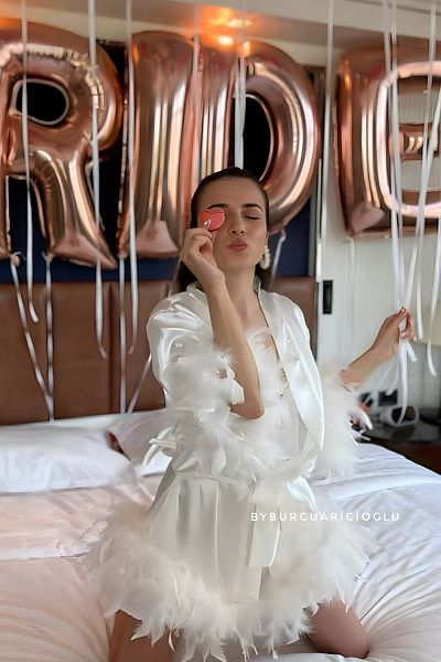 By Burcu Arıcıoğlu Bride Embroidered Bridal Dressing Gown with Otriche Detail
