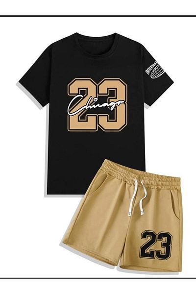 LA VESTİTİ Unisex Black Chicago Printed Oversize T-Shirt-Brown Shorts-Summer
