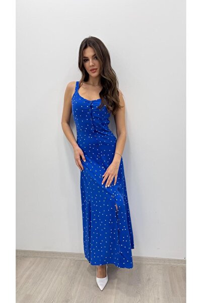 Nazline Γυναικείο Μακρύ Φόρεμα με λουράκι πουά βισκόζη με κουμπιά