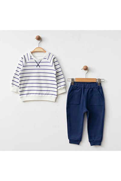 Kids ESLENZA %100 PAMUK ERKEK BEBEK LACİVERT ÇİZGİLİ SWEAT PANTOLON 2’Lİ TAKIM