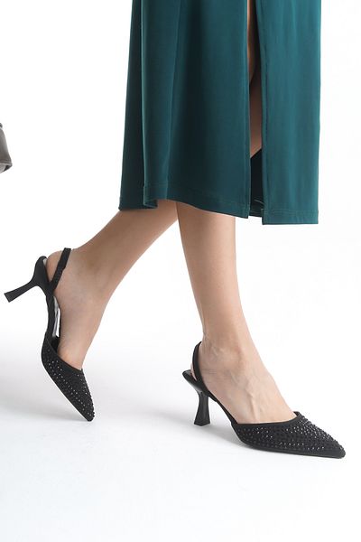 MEET Women's Black Stone Detailed Fabric Evening Dress Stiletto Heeled Shoes