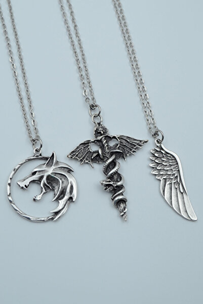 Bu Farklı 3'lü Yarasa Yılan Kılıç Witcher Çember Kanat Gümüş Kaplama Kolye Seti