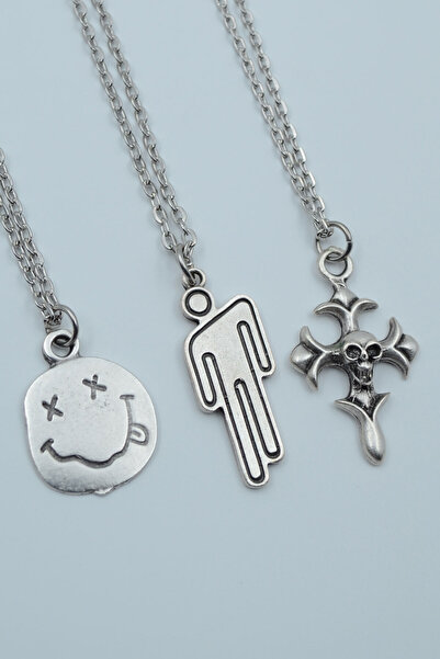 Bu Farklı 3'lü Billie Eilish Nirvana Gülen Surat Kuru Kafa Haç Gümüş Kaplama ...