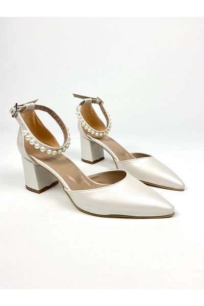 Gloriys Ayakkabı & Çanta Mother of Pearl Leather Pearled 6 cm Thick Heeled Shoes 01312 Evening Dress Shoes - Wedding Dress Shoes