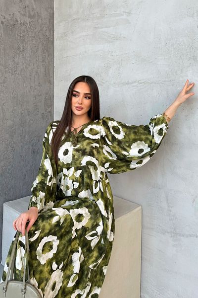 ASEDE 100% Viscose Bohemian Alaçatı Dress Collar Tie-Up Patterned Viscose Dress Suitable for Hijab Dress