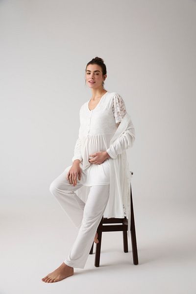 Lohussa Women's Ecru Special Design Lace Cotton Maternity Maternity Dressing Gown Pajama Set Set