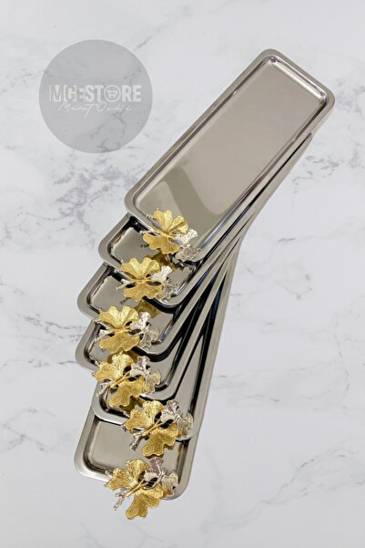 MGEStore 6-Piece Baton Stainless Steel Silver Serving, Tea, Coffee, Refreshment and Presentation Tray with Butterfly Accessories