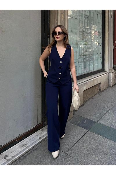 mypagebutik Navy Blue Trousers and Vest Two-Piece Suit