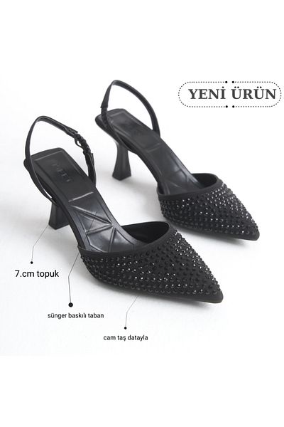 MEET Women's Black Stone Detailed Fabric Evening Dress Stiletto Heeled Shoes