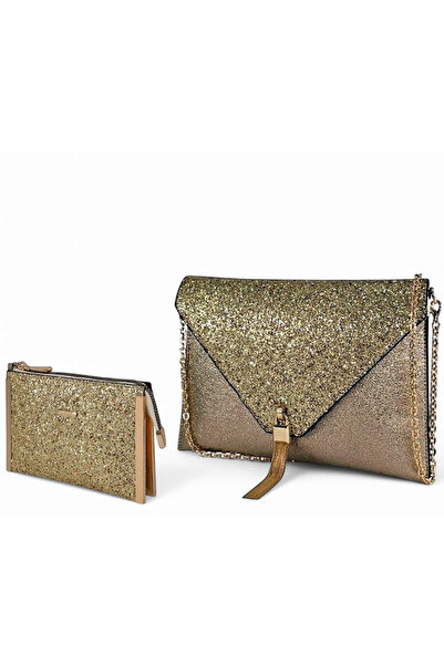 Evident Gold Taş Desenli Kadın Portföy & Clutch Çanta Seti (29 x 19) _(19 x 11) cm.