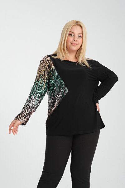 MODA ЖІНОЧА БЛУЗКА З ПАЙЕТКАМИ НА РУКАВАХ, ВЕЛИКИЙ РОЗМІР