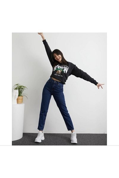 geenz manifacture Pantaloni de damă din denim elastic din lycra cu talie înaltă Mom Jean bleumarin