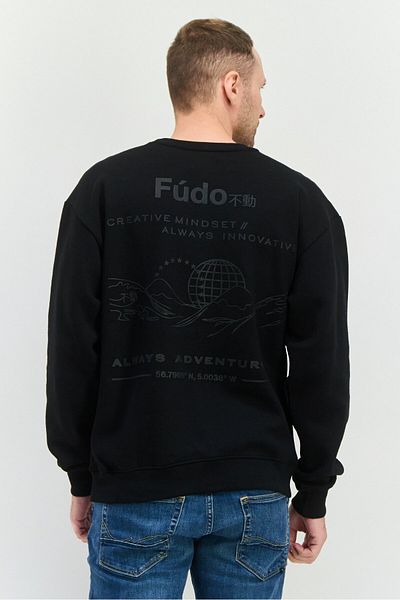Fudo Men Crew Neck Long Sleeves Brand Logo Sweatshirt, Black