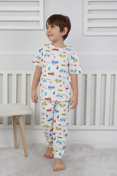 depobukids White Traffic Pattern Short-Sleeved Pajama Sets for Men (Ages 3-8)