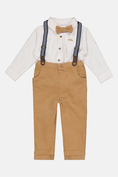 Little Gent Toddlers Boy 3 Piece Solid Shirt And Trousers With Bowtie Set, Tan