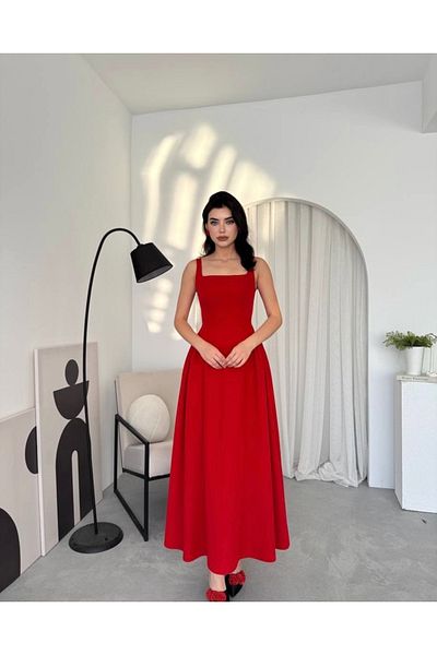 Afiş Butik Red Pleated Thick Strap Corset Long Dress
