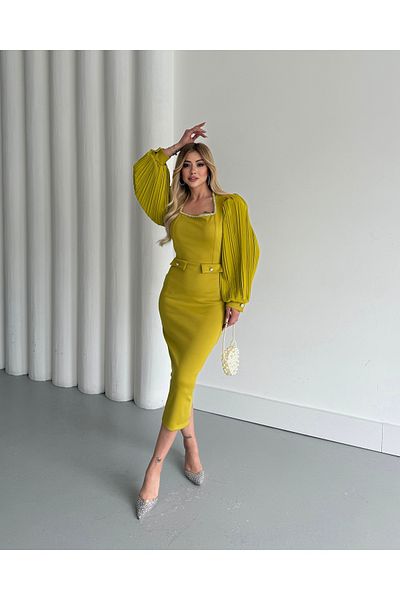 1Moda1Tarz Γυναικείο εισαγόμενο ύφασμα κατάδυσης με πέτο με πέτρα κεντημένα μανίκια Πλισέ μανίκι με κουμπιά με λεπτομέρεια φόρεμα με επένδυση