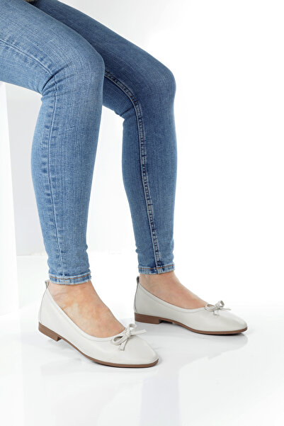 ÜNAL ÖZER Γυναικείο Μπεζ δέρμα Γνήσιο Δερμάτινο Φιόγκο Μπαλαρίνα Un001-063