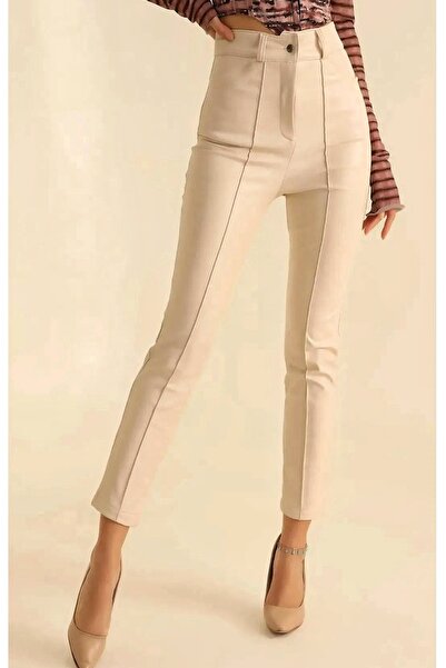 Freya Çimalı Düğmeli Şardonlu Likralı Yumuşak Deri Pantolon
