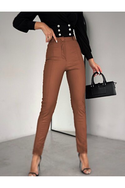 Freya Çimalı Düğmeli Şardonlu Likralı Yumuşak Deri Pantolon