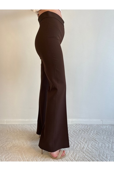 Genel Markalar Kahverengi Yüksek Bel Fermuarlı İspanyol Paça Pantolon