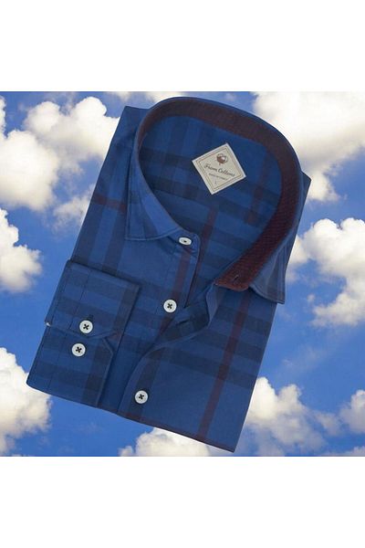 EREN STYLE Cămașă pentru bărbați, din bumbac, cu mânecă lungă, cu linie albastră, blocată (Slim Fit Fit)