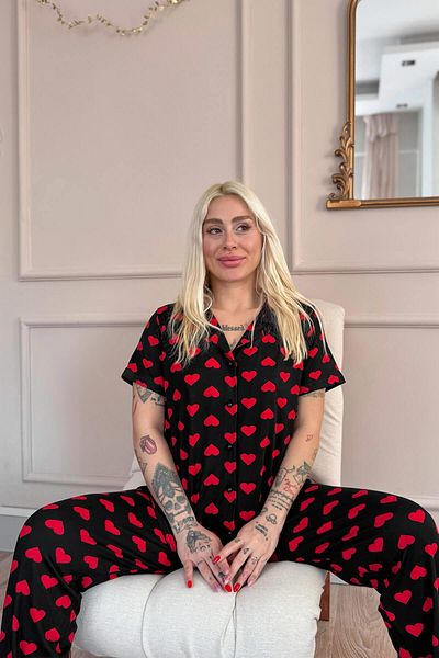 Pijamaevi Black Royal Hearts Patterned Bamboo Front Buttoned Short Sleeve Pajama Set