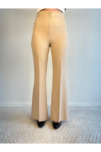 Genel Markalar Taş Rengi Yüksek Bel Fermuarlı İspanyol Paça Pantolon