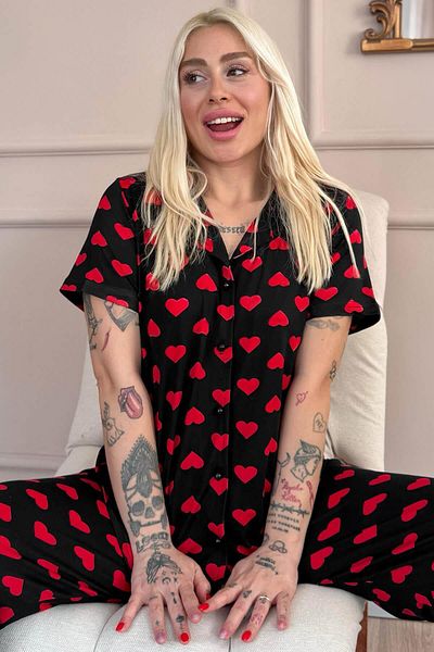 Pijamaevi Black Royal Hearts Patterned Bamboo Front Buttoned Short Sleeve Pajama Set