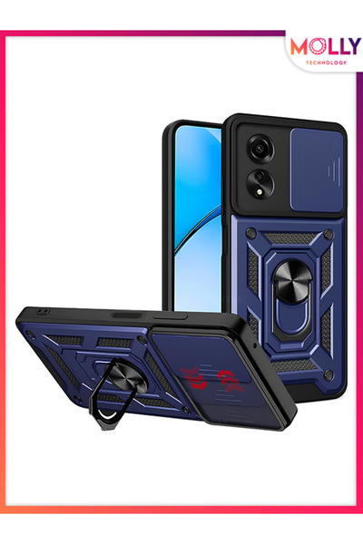 Molly Oppo A60 İçin Lacivert Kamera Lens Sürgülü Megatron Yüzüklü Silikon Kılıf