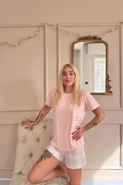 Pijamaevi Powder Sweet Soul Plaid Pattern Short Sleeve Knitted Women's Pajama Set with Shorts