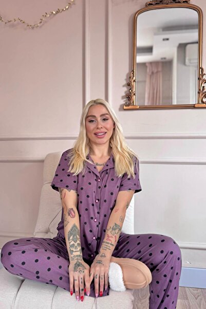 Pijamaevi Lilac Royal Dots Patterned Bamboo Front Buttoned Short Sleeve Pajama Set