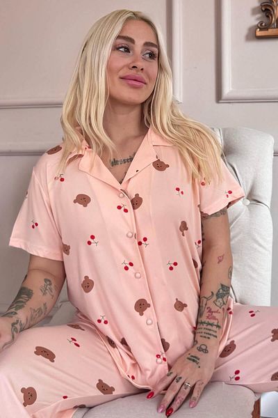 Pijamaevi Set de pijamale cu mânecă scurtă, cu nasturi în față, din bambus, cu model de ursuleț de somon