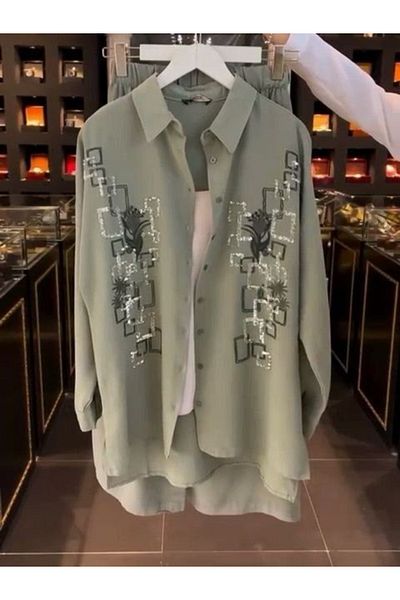 CLASSY.MODA Set din trei piese - cămașă, pantaloni și tricou cu broderie