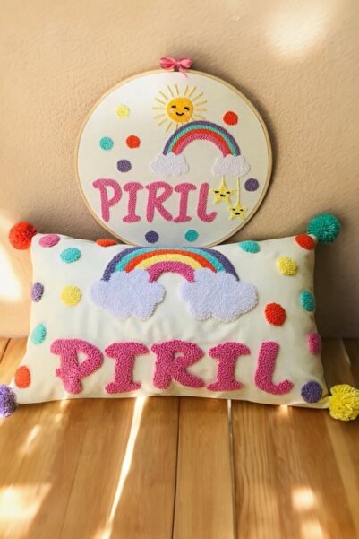 afralya home Bebek Çocuk Odası Isimli Dekoratif Yastık Kılıfı Ve Pano 2'li Ta...