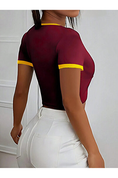 Richarlison Kadın Bordo Portugal Baskılı %100 Pamuklu Kısa Kollu Slimfit Likralı Crop