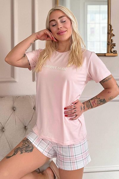 Pijamaevi Powder Sweet Soul Plaid Pattern Short Sleeve Knitted Women's Pajama Set with Shorts
