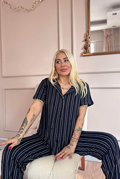 Pijamaevi Set de pijamale cu mânecă scurtă, cu nasturi în față, din bambus, cu dungi albastre