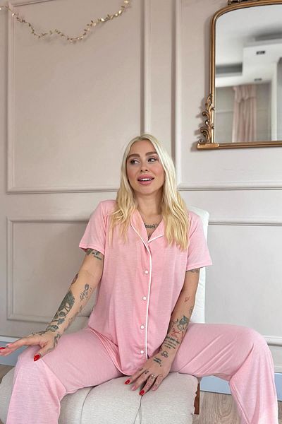 Pijamaevi Salmon Sofistic Front Buttoned Short Sleeve Women's Pajama Set