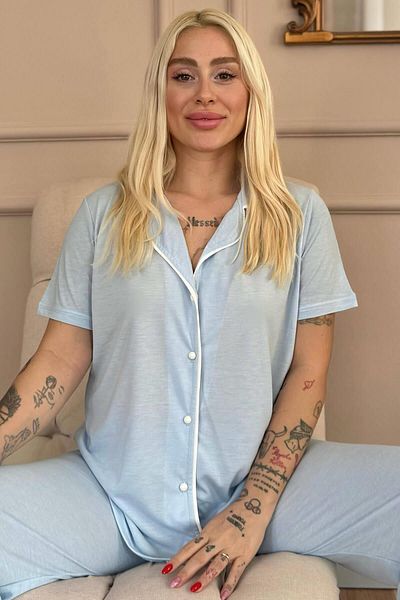 Pijamaevi Blue Sofistic Front Buttoned Short Sleeve Women's Pajama Set
