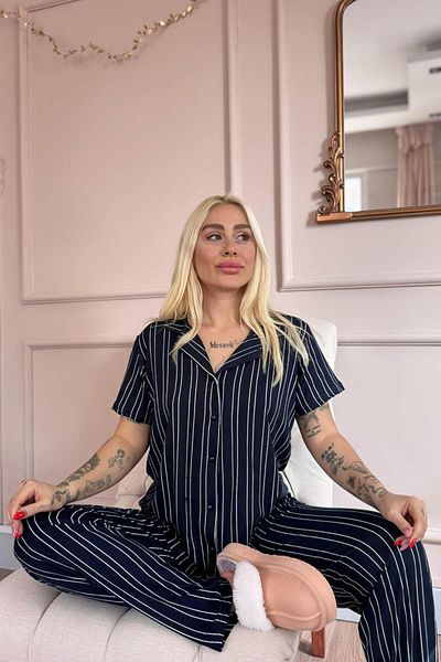 Pijamaevi Navy Blue Striped Patterned Bamboo Front Buttoned Short Sleeve Pajama Set
