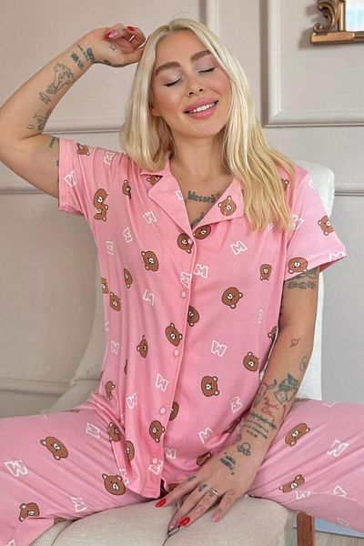Pijamaevi Dark Pink Bear Charm Patterned Bamboo Front Buttoned Short Sleeve Pajama Set
