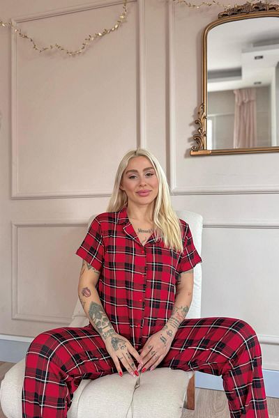 Pijamaevi Red Striped Patterned Bamboo Front Buttoned Short Sleeve Pajama Set