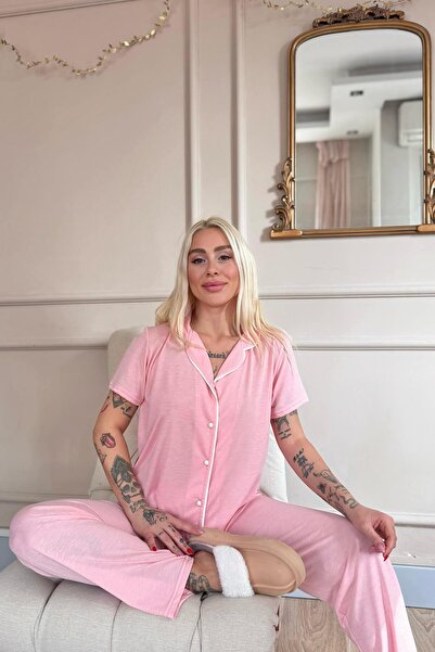 Pijamaevi Σετ γυναικεία πιτζάμα με κοντό μανίκι Salmon Sofistic με κουμπιά