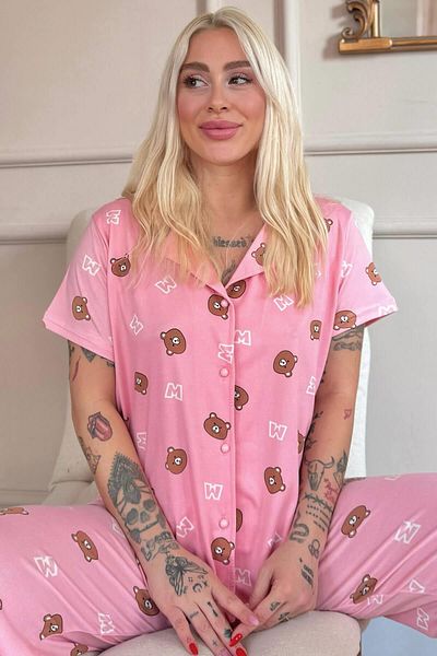 Pijamaevi Dark Pink Bear Charm Patterned Bamboo Front Buttoned Short Sleeve Pajama Set