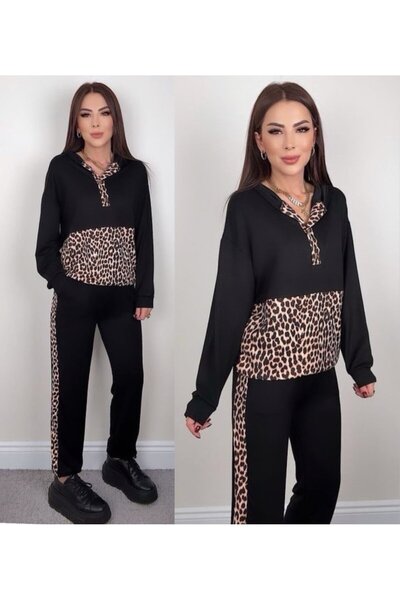 Aemido Women's Long Sleeve Leopard Detail Sweat and Leopard Stripe Detail Trousers Double Set