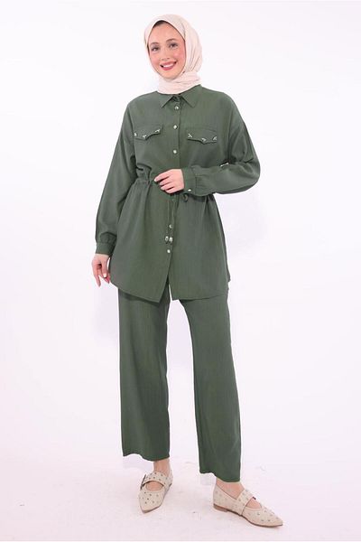TRENDTESETTÜR Women's Khaki Shirt and Collar Pants Suit t 0374